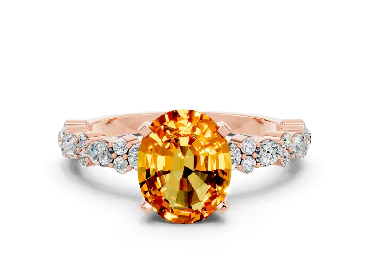 Oval Cut Citrine Side Stone Solitaire Ring with Round and Four-Prong Setting Rose gold