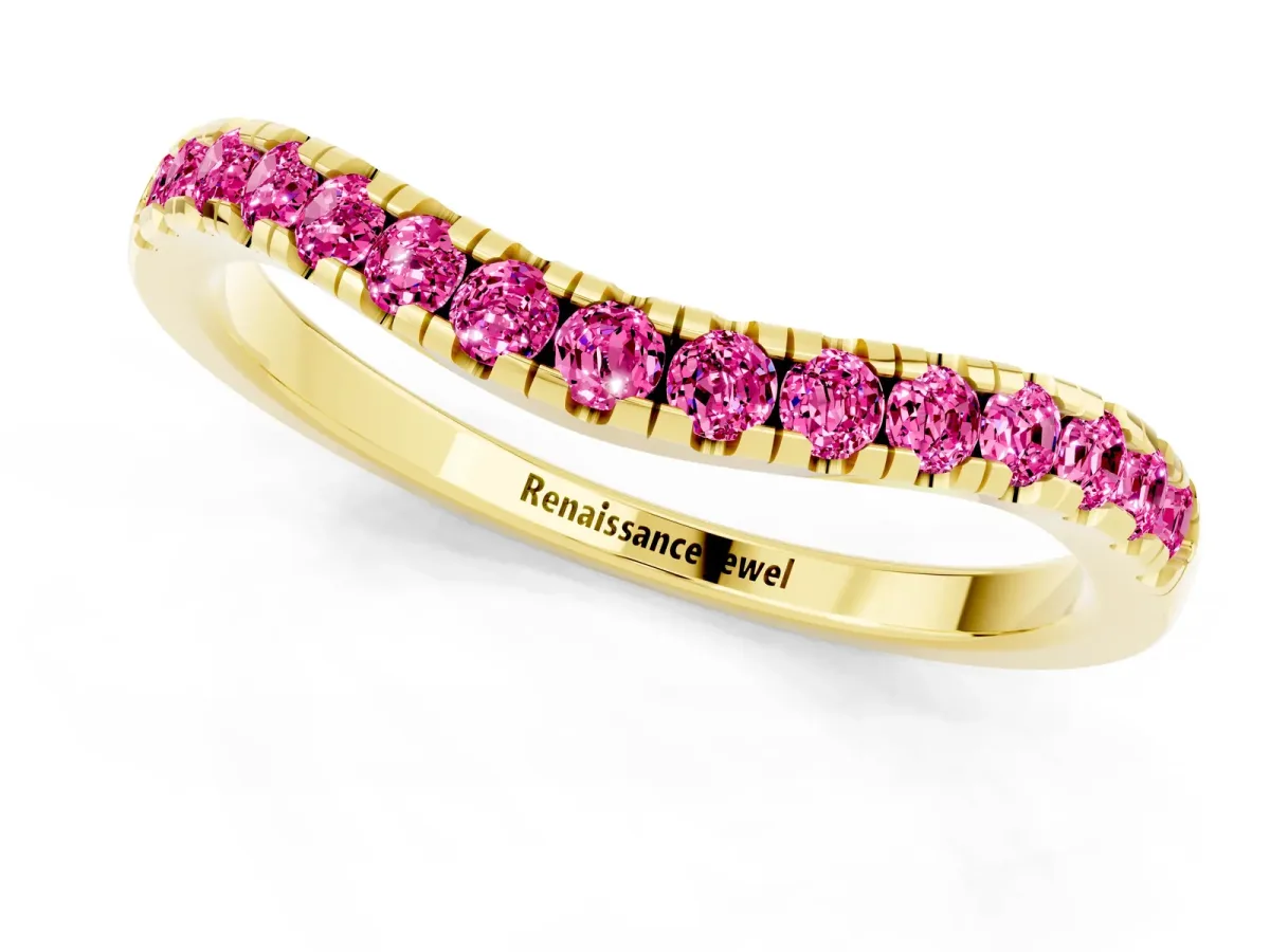 Pink Sapphire Pavé Curved Wedding Band Yellow gold