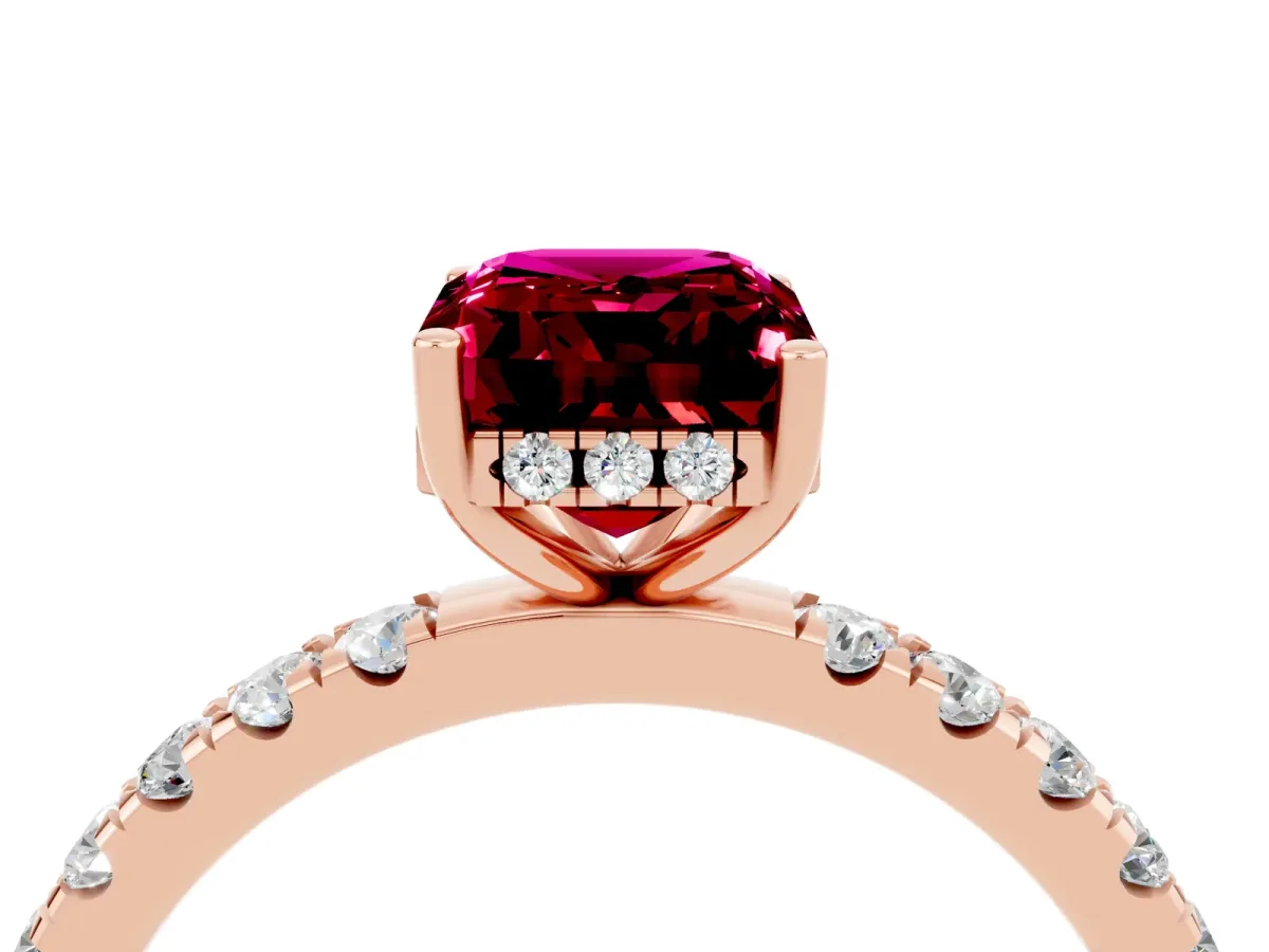 Emerald Cut Garnet Pave Band Solitaire Ring with Round and Prong Setting Rose gold