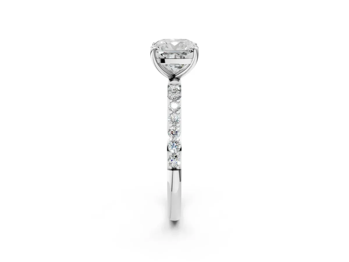 Cushion Cut Diamond Solitaire Ring with Round Pavé Shoulders and Prong Setting Silver