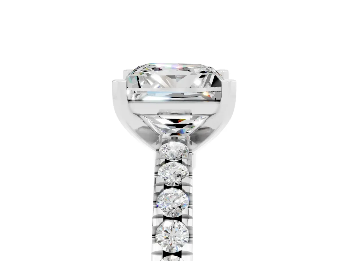 Princess Cut Solitaire Moissanite with Pavé Band and Four-Prong Setting Silver