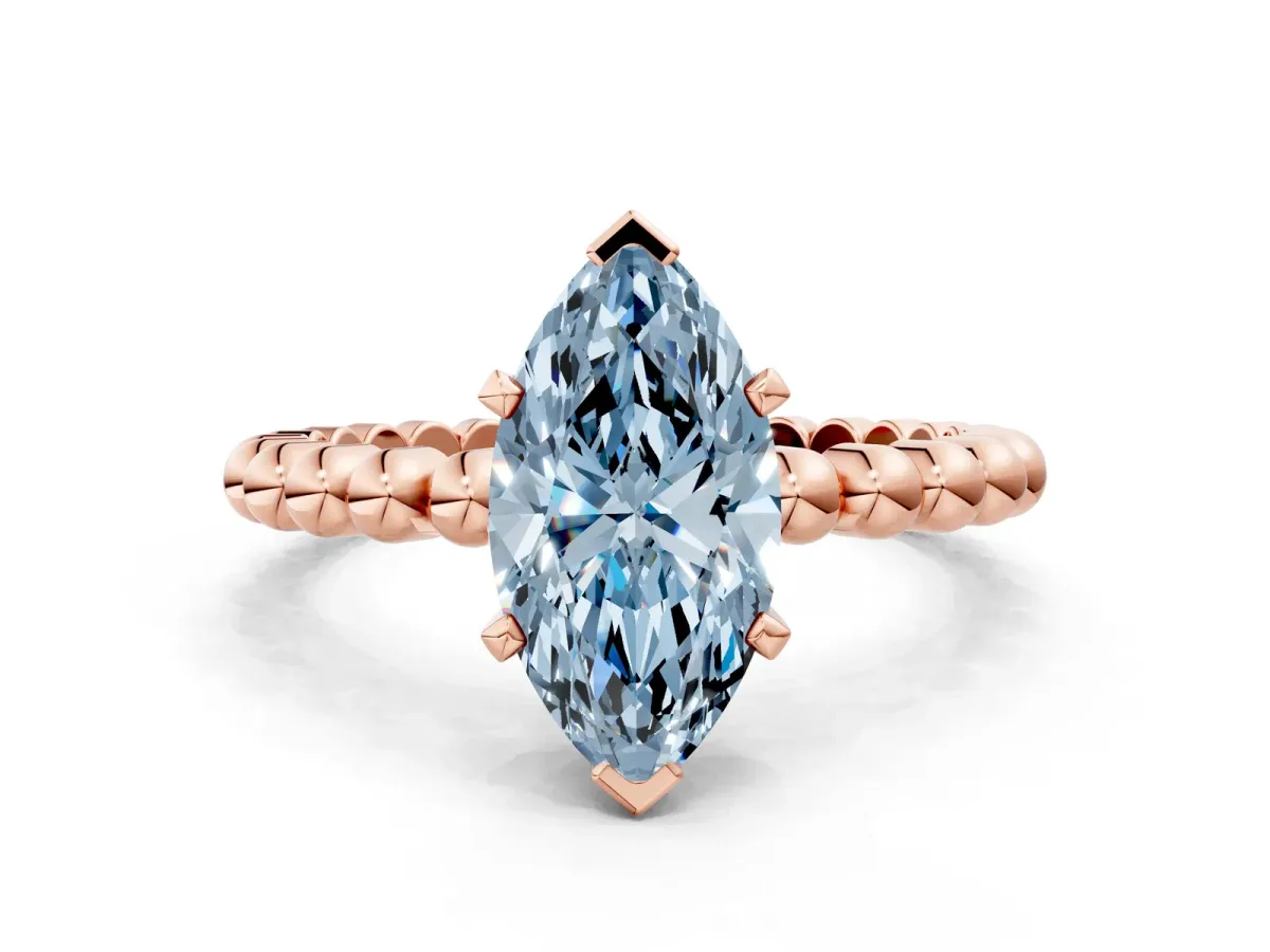 Fancy Blue Marquise Cut Diamond Solitaire Ring with Beaded Band and Prong Setting Rose gold