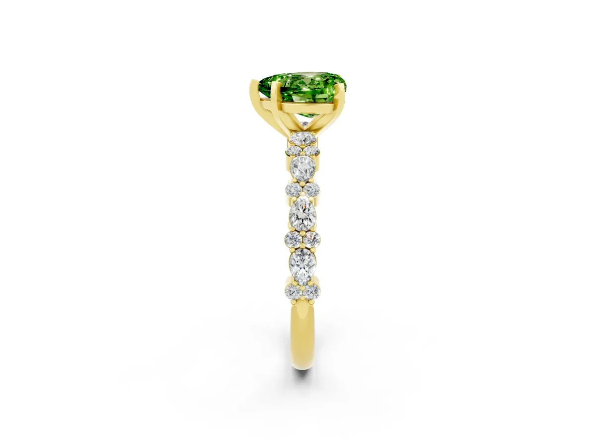 Heart Cut Peridot Side Stone Solitaire Ring with Round and Four-Prong Setting Yellow gold