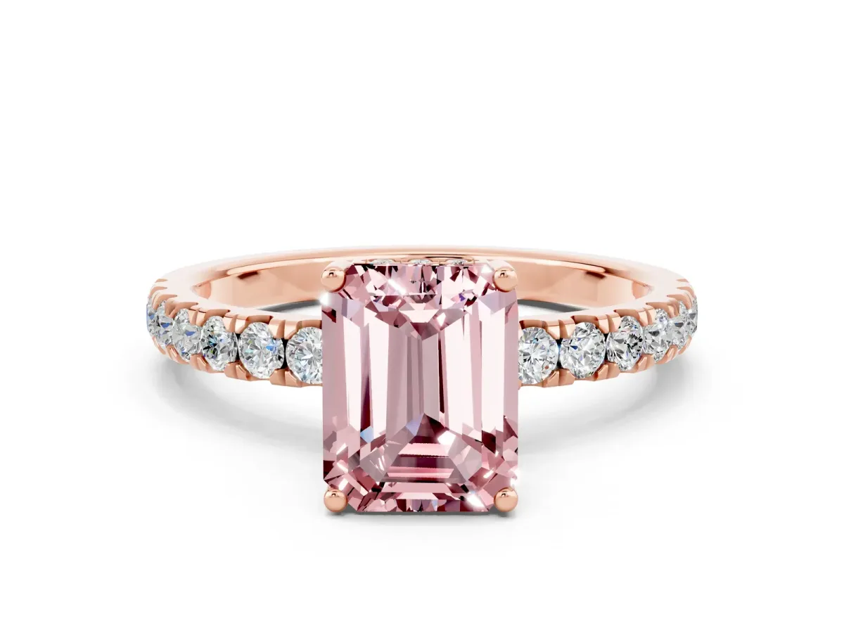 Emerald Cut Morganite Pave Band Solitaire Ring with Round and Prong Setting Rose gold
