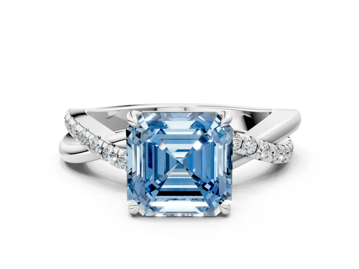Fancy Blue Asscher Cut Cut Diamond Twisted Band with Pavé Setting and Four-Prong Setting Platinum
