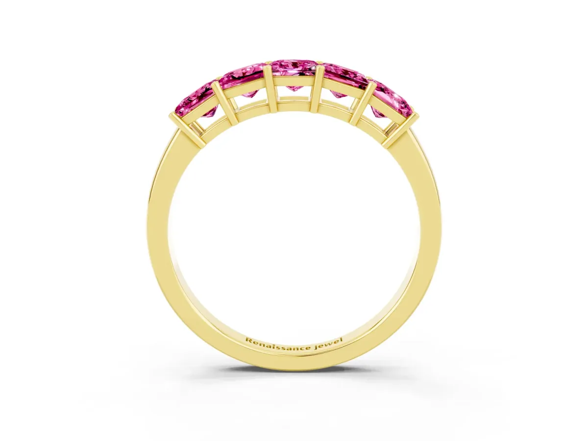 Princess Cut Five-Stone Pink Sapphire Band with Prong Setting Yellow gold