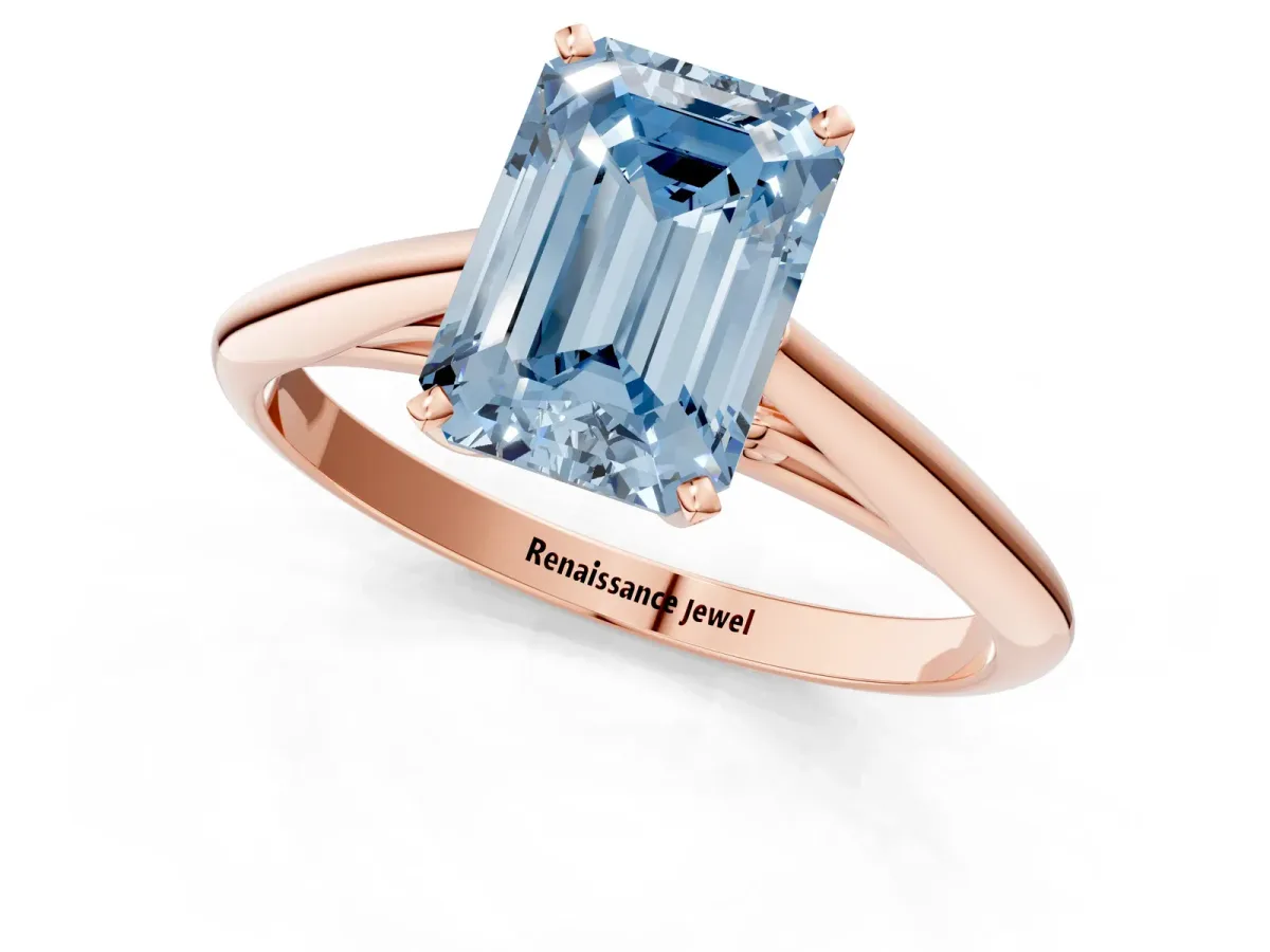 Fancy Blue Emerald Cut Diamond Solitaire Engagement Ring with Cathedral Setting and Four-Prong Mount Rose gold