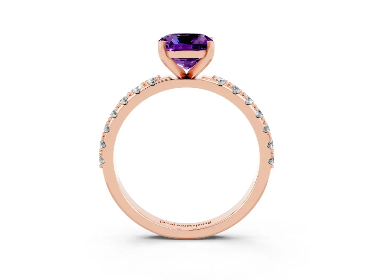 Cushion Cut Amethyst Solitaire Pavé Band with Four-Prong Setting Rose gold