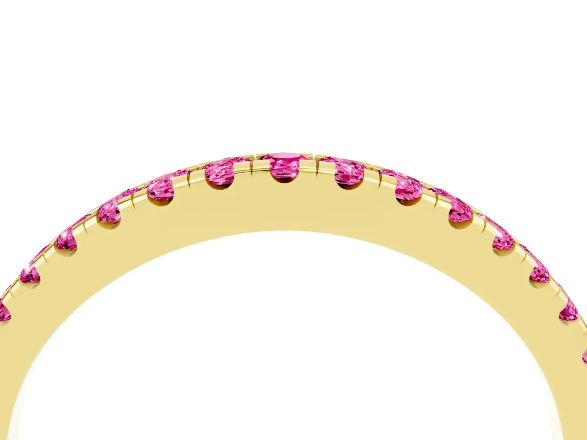 Round Pink Sapphire Pavé Half Eternity Band with Shared Prong Setting Yellow gold