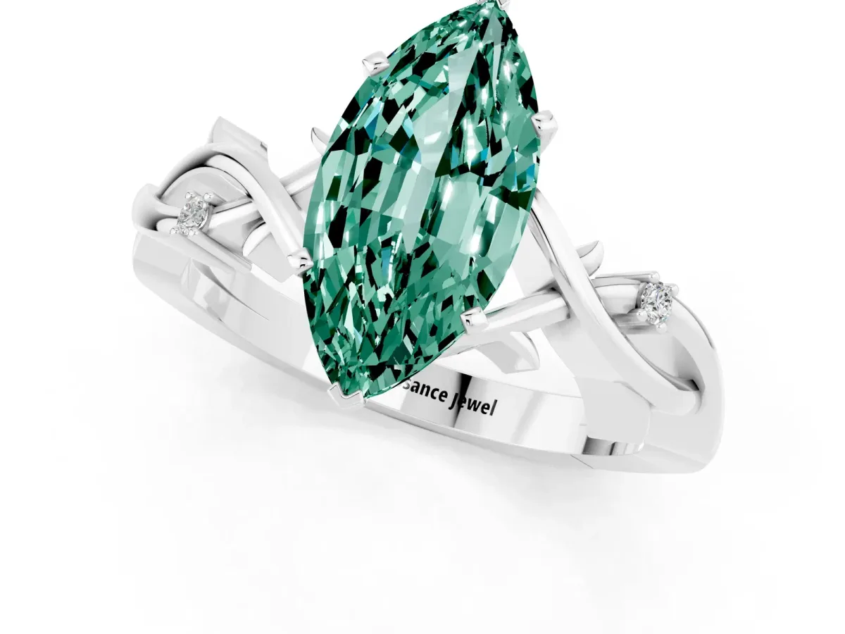 Marquise Cut Green Sapphire Solitaire Ring with Twisted Band and Prong Setting Silver