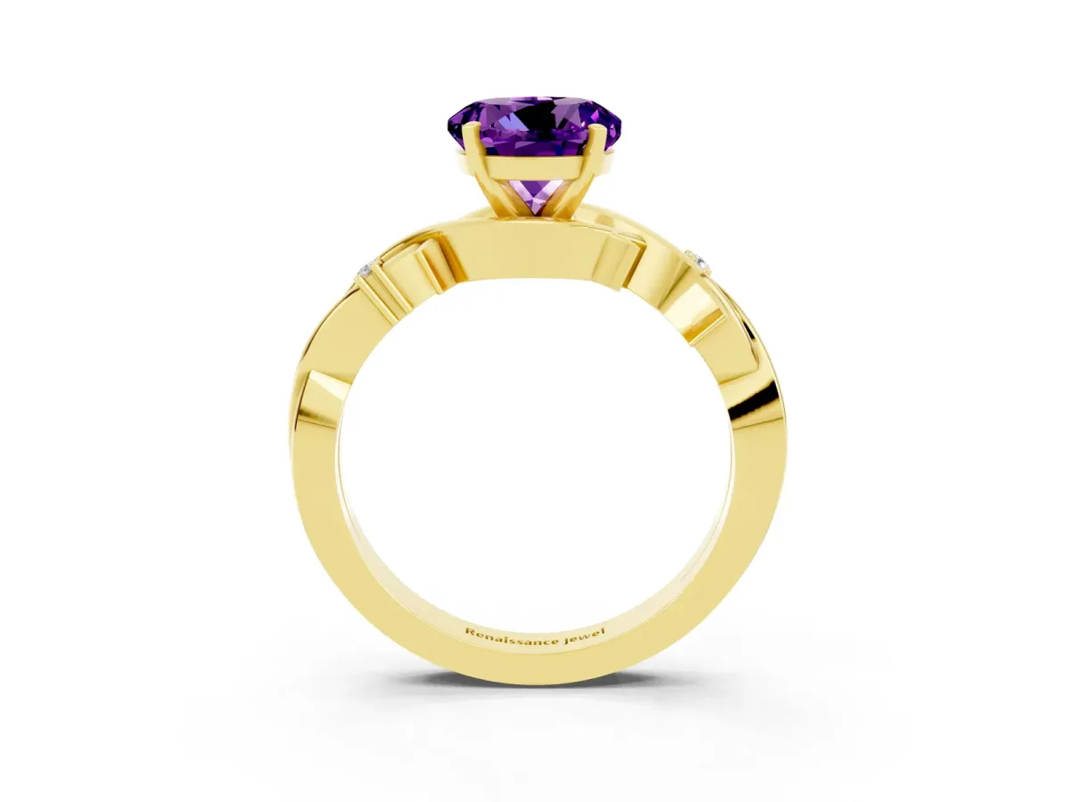 Round Cut Amethyst Solitaire Ring with Twisted Band and Prong Setting Yellow gold