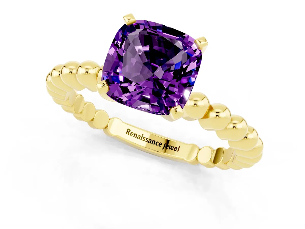 Cushion Cut Amethyst Solitaire Ring with Beaded Band and Prong Setting Yellow gold