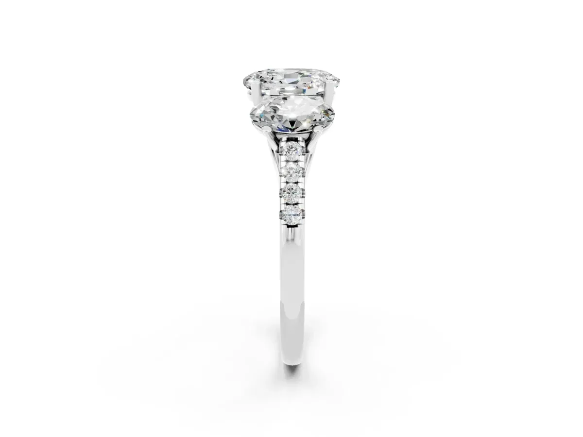 Three-Stone Oval Cut Moissanite Ring with Round Pavé Band and Prong Setting Silver