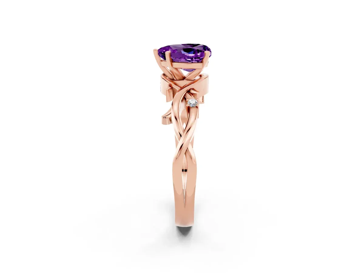 Heart Cut Amethyst Solitaire Ring with Twisted Band and Prong Setting Rose gold