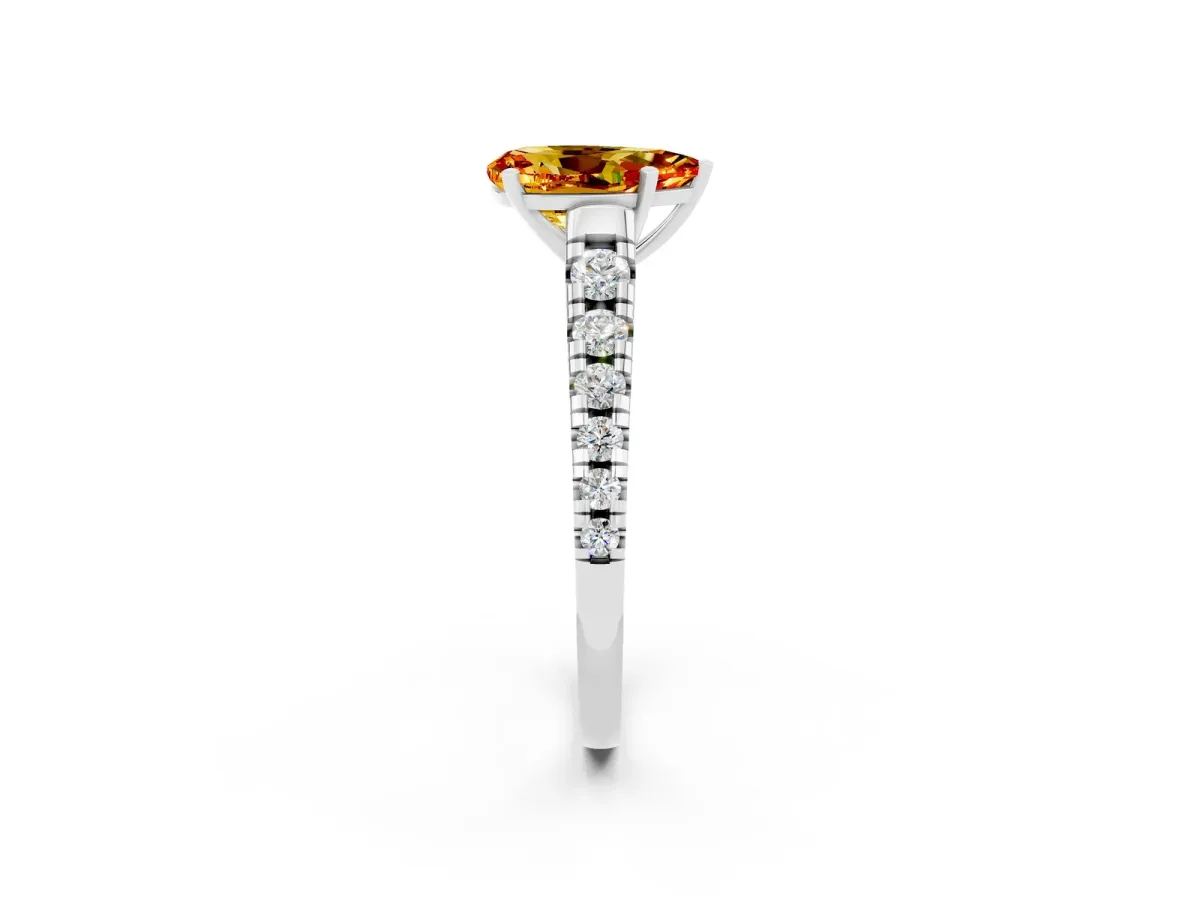 Pear Cut Citrine Cathedral Solitaire Ring with Round Pavé Band Silver