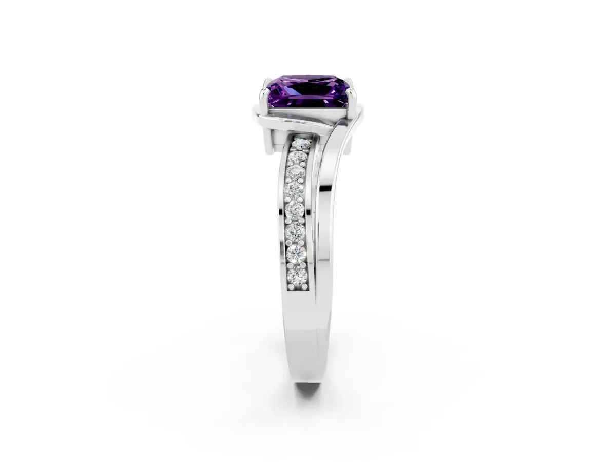 Princess Cut Amethyst Solitaire Ring with Split Shank and Prong Setting Platinum