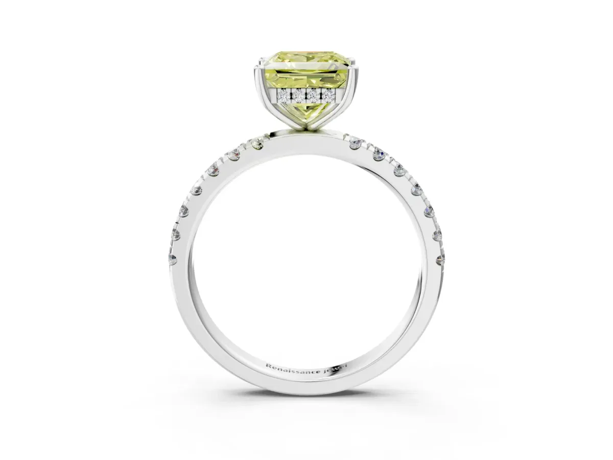 Fancy Yellow Princess Cut Diamond Pave Band Solitaire Ring with Round and Prong Setting Silver