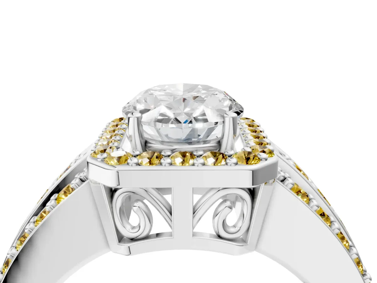 Oval Cut Halo Diamond Ring with Round Yellow Sapphire Split Shank and Prong Setting Silver