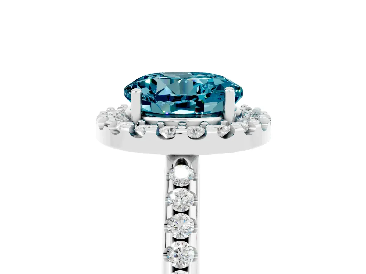 Round Cut Blue Topaz Pavé Halo Ring with Four-Prong Setting Platinum