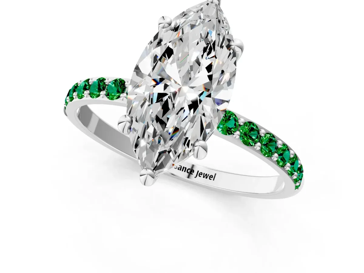 Marquise Cut Diamond Solitaire Ring with Round Emerald Pavé Band and Prong Setting Silver
