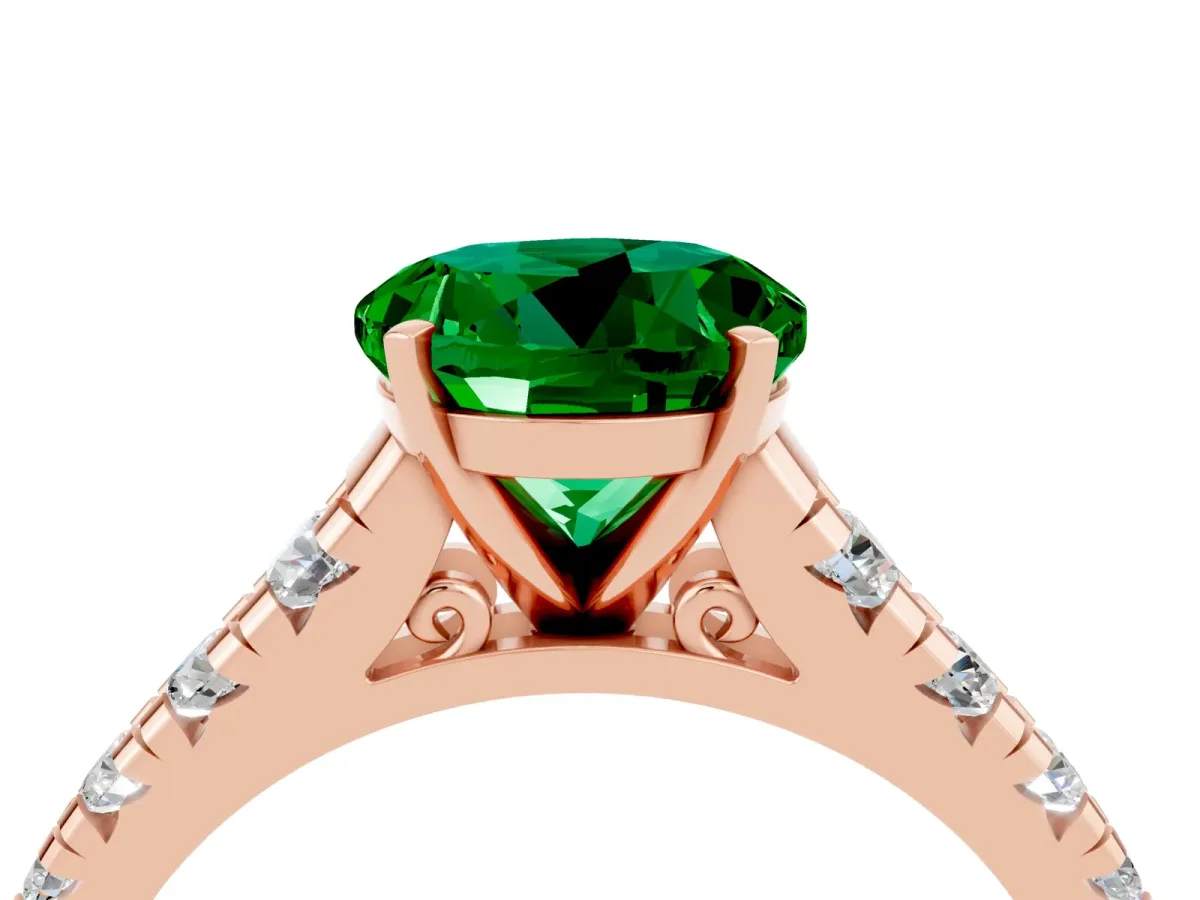 Round Cut Emerald Cathedral Solitaire Ring with Round Pavé Band Rose gold