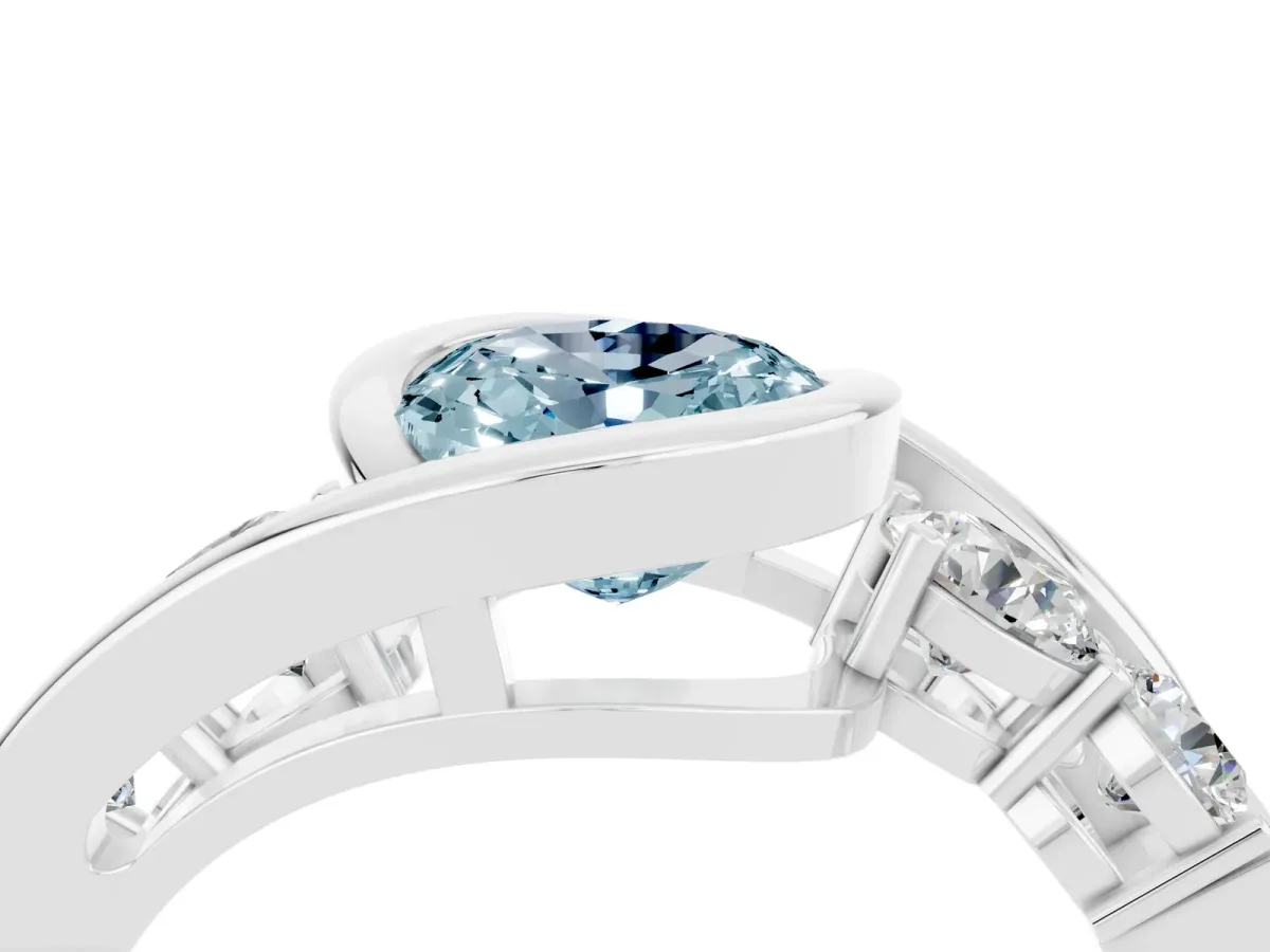 Bezel Set Oval Cut Aquamarine Bypass Ring with Round Accents Silver