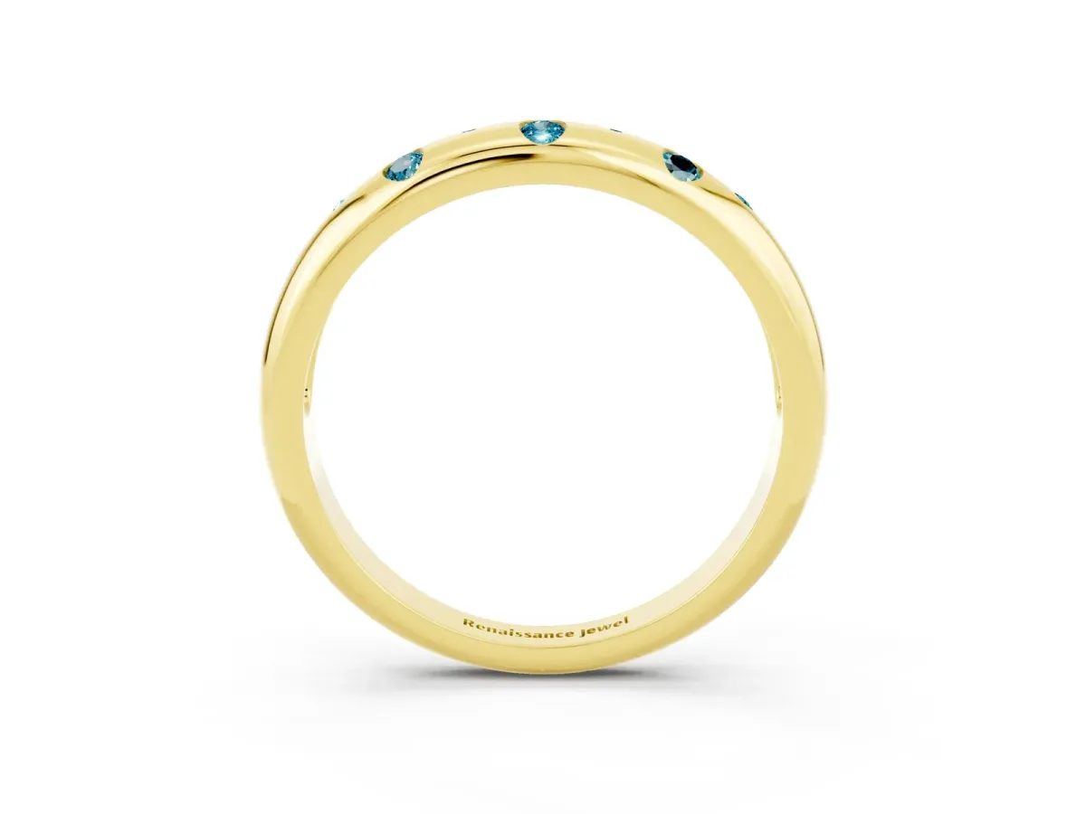 Round Blue Topaz Flush-Set Comfort Fit Band Yellow gold