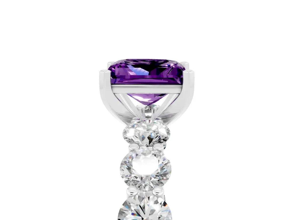 Princess Cut Amethyst Prong Setting with Side Stones on a Pave Band Silver