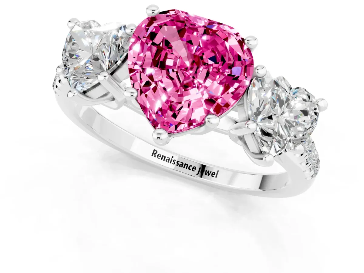 Three-Stone Heart Cut Pink Sapphire Ring with Round Pavé Band and Prong Setting Silver