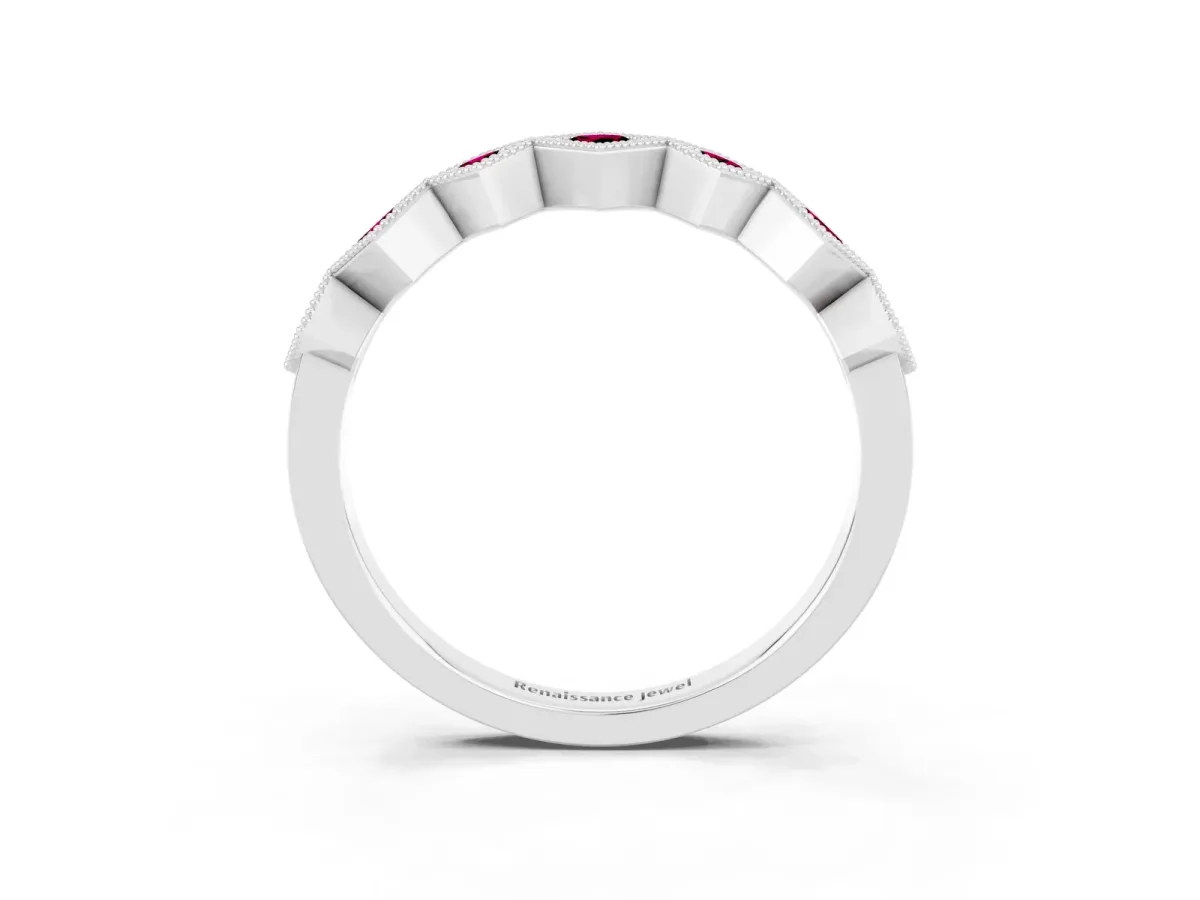 Milgrain Square Bezel Round Garnet Chevron Band Silver