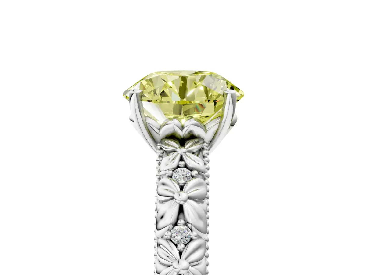 Fancy Yellow Round Cut Solitaire Floral Milgrain Engagement Ring Silver