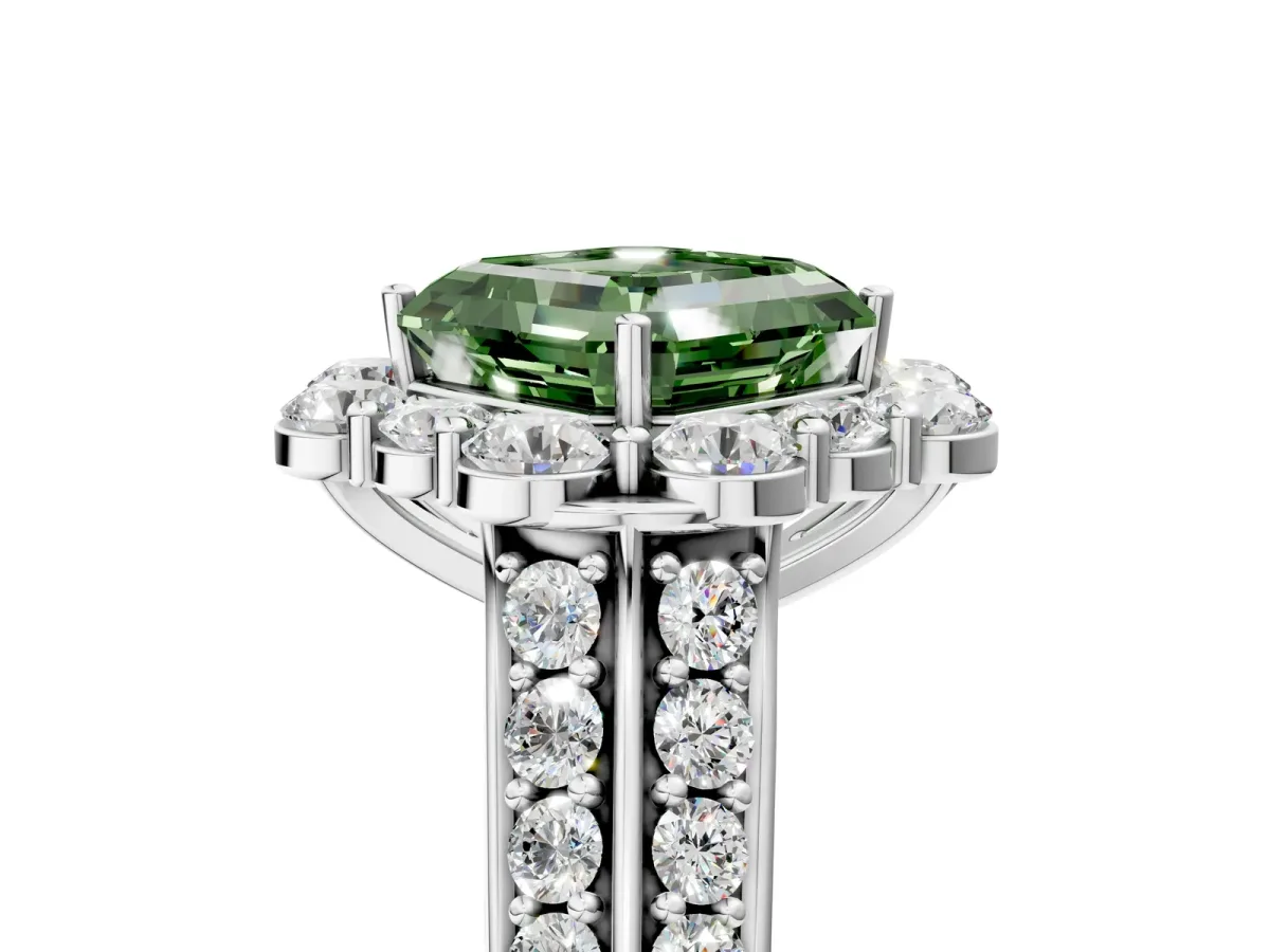Fancy Green Asscher Cut Halo Diamond Engagement Ring with Split Shank and Prong Setting Platinum