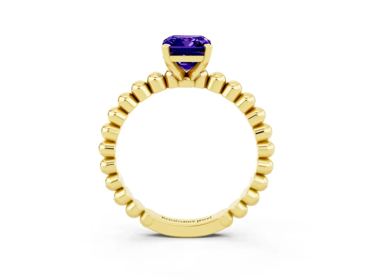 Emerald Cut Tanzanite Solitaire Ring with Beaded Band and Prong Setting Yellow gold