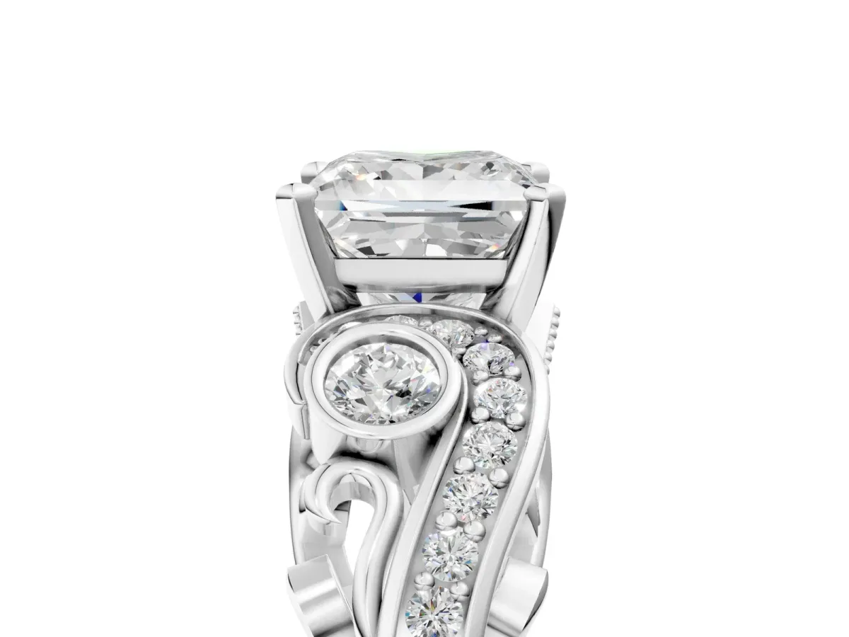 Princess Cut Diamond Solitaire Ring with Milgrain Pavé Band and Four-Prong Setting Silver