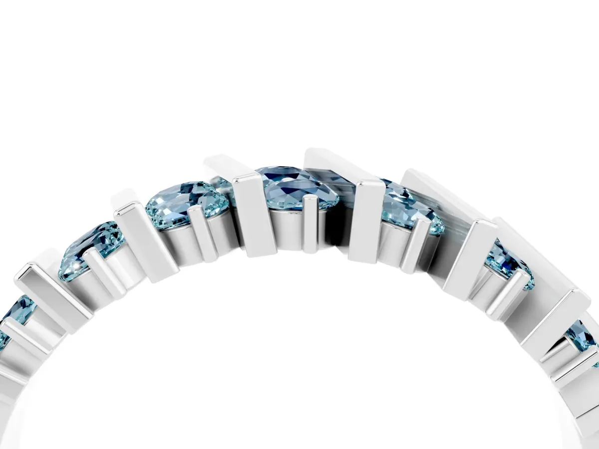 Channel Set Round Aquamarine Anniversary Band with Vertical Prongs Silver