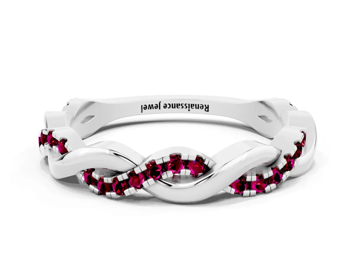 Round Garnet Twist Eternity Band with Pavé Setting Platinum