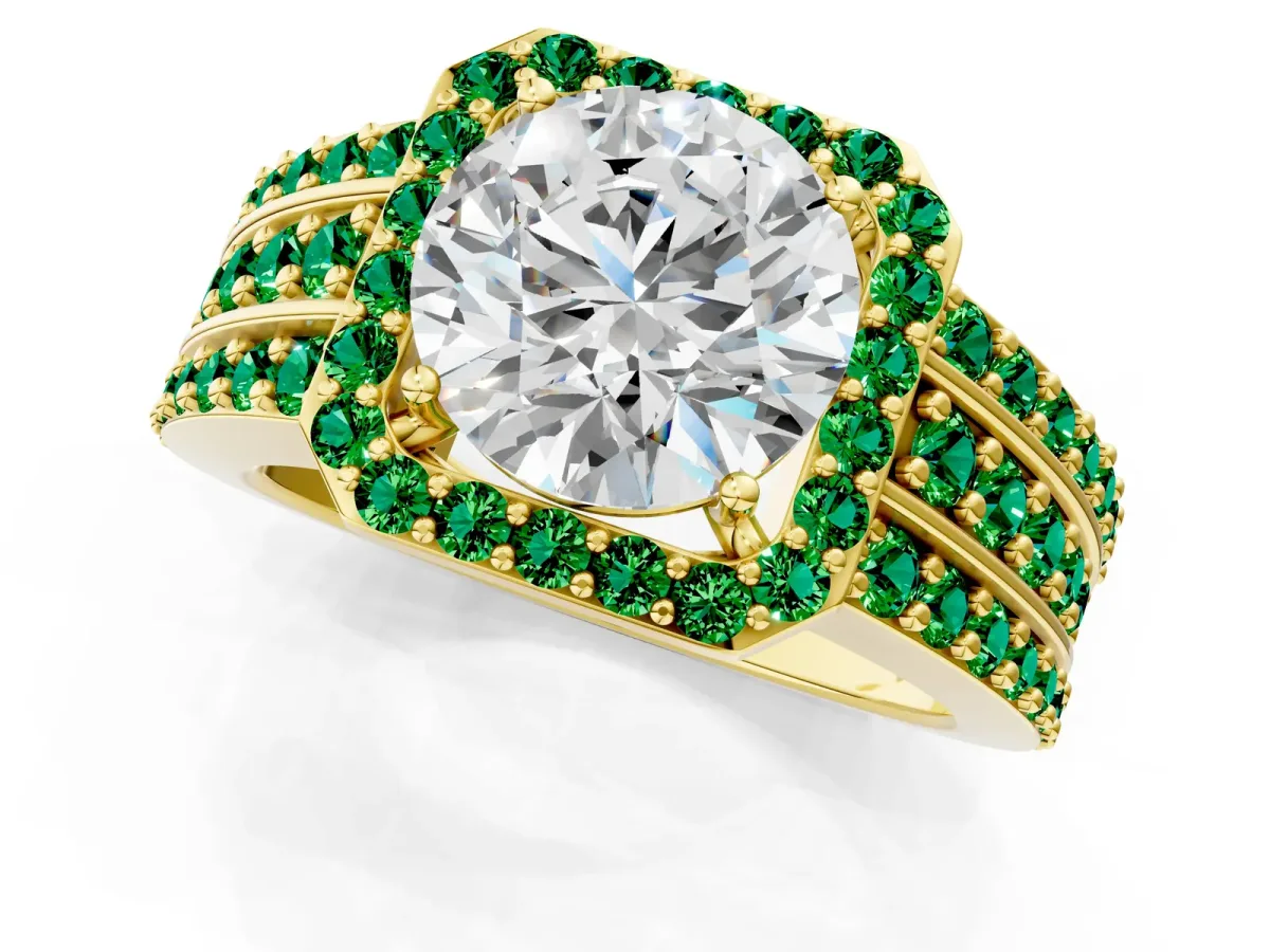 Round Cut Halo Diamond Ring with Round Emerald Split Shank and Prong Setting Yellow gold