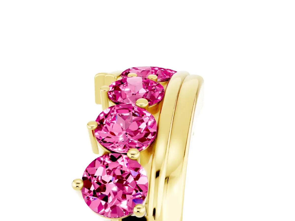 Round Pink Sapphire Wave Band with Channel and Shared Prong Setting Yellow gold