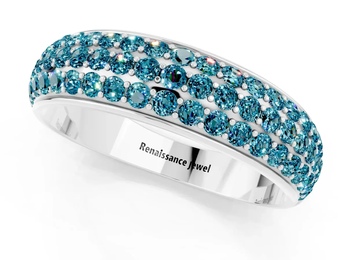 Three-Row Round Blue Topaz Eternity Band with Shared Prong Setting White gold