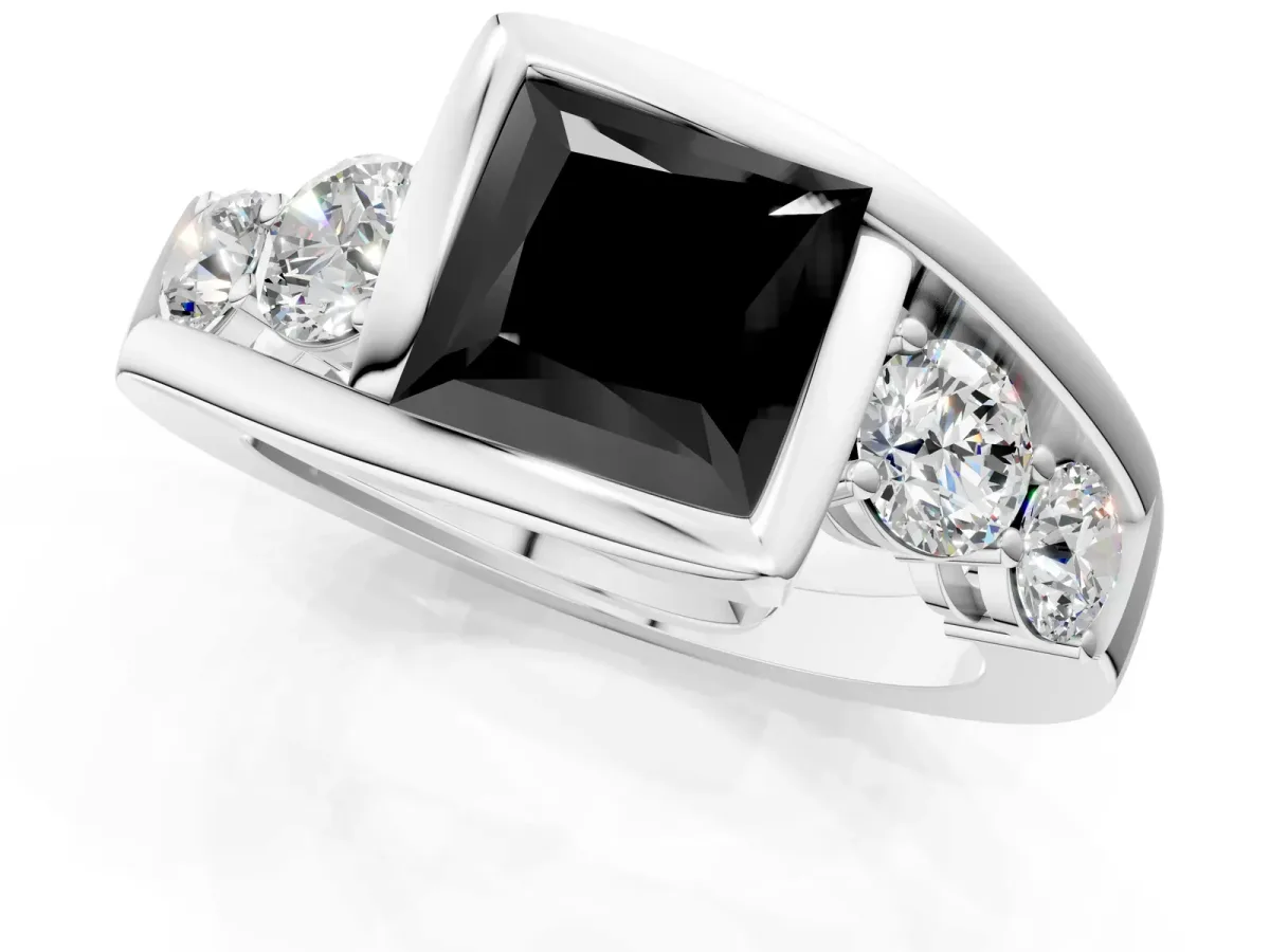 Fancy Black Bezel Set Princess Cut Diamond Bypass Ring with Round Accents Platinum