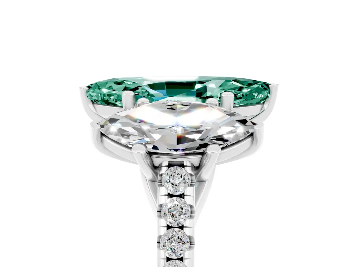 Three-Stone Marquise Cut Green Sapphire Ring with Round Pavé Band and Prong Setting Silver