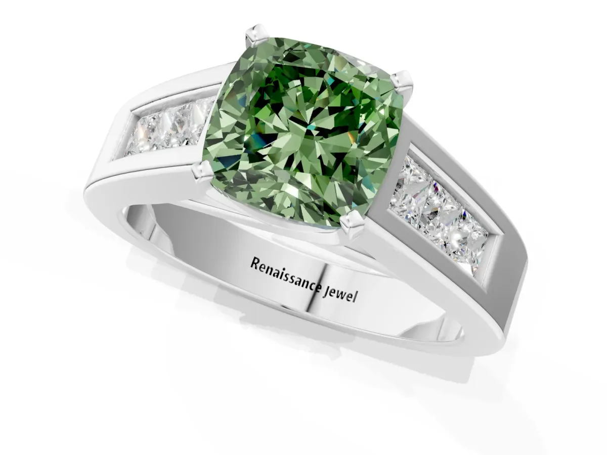 Fancy Green Cushion Cut Cut Channel Set Solitaire Ring with Four-Prong Setting Silver