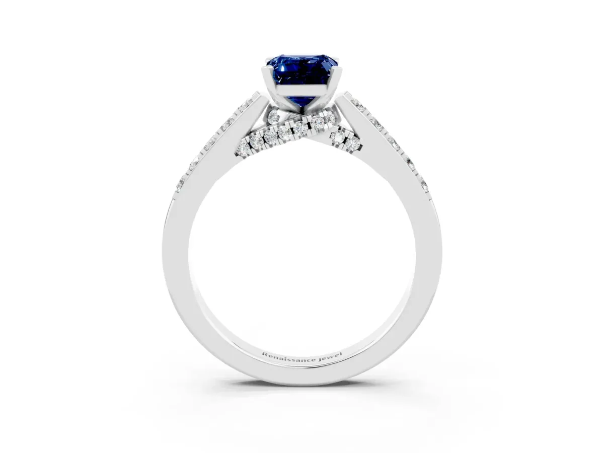 Emerald Cut Blue Sapphire Solitaire Ring with Crossover Gallery and Round Pavé Band Silver