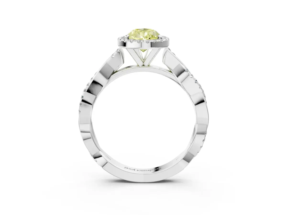 Fancy Yellow Pear Cut Cut Halo Twisted Band Four-Prong Ring Platinum