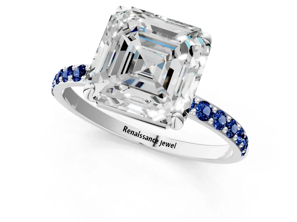 Asscher Cut Diamond Solitaire Ring with Round Blue Sapphire Pavé Band and Prong Setting Silver