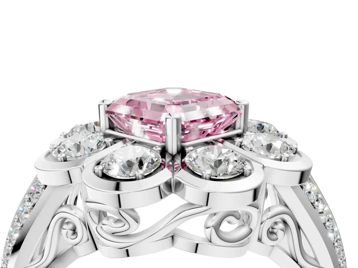 Fancy Pink Asscher Cut Brilliant Flower Halo Diamond Split Shank Ring Platinum