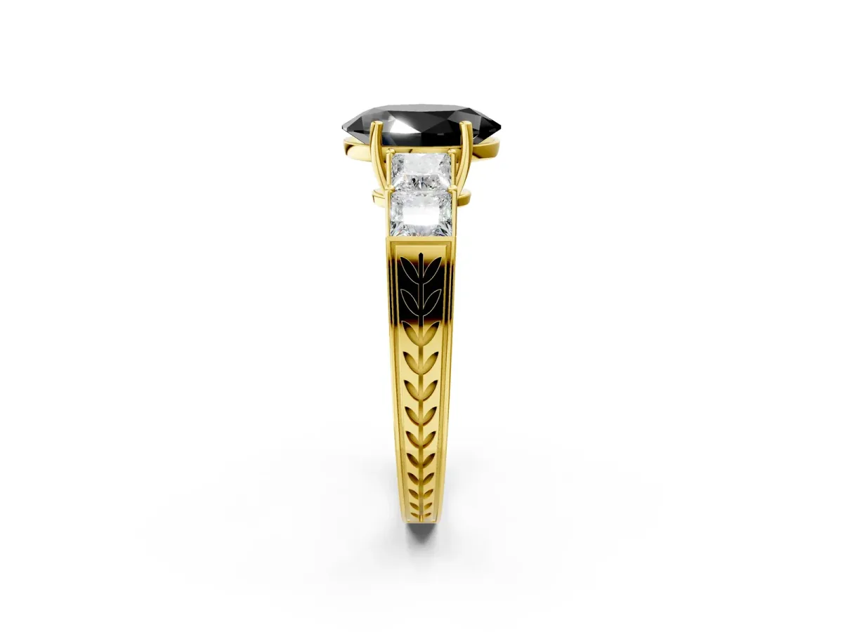 Fancy Black Oval Cut Solitaire Princess Side Stone Engraved Band Prong Setting Ring Yellow gold