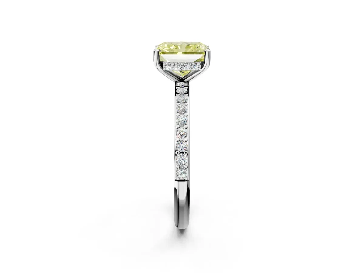 Fancy Yellow Radiant Cut Cut Diamond Pavé Band Ring with Four-Prong Setting Platinum