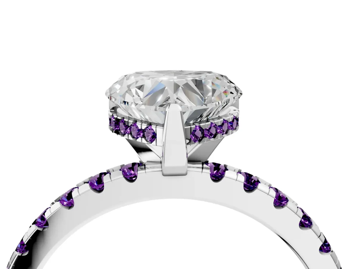 Heart Cut Diamond Solitaire Ring with Round Amethyst Pavé Band and Four-Prong Setting Silver