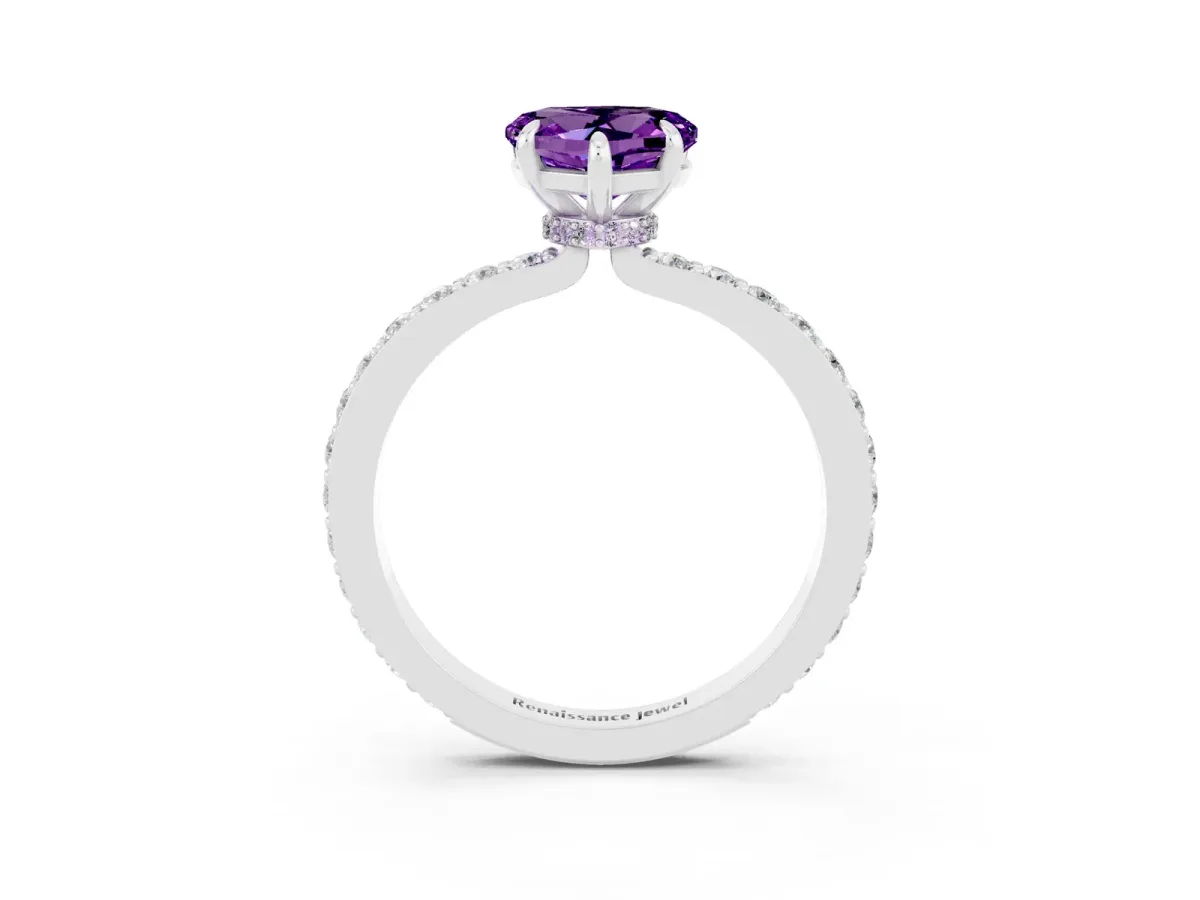 Heart Cut Amethyst Pavé Engagement Ring with Round Accents and Prong Setting Silver